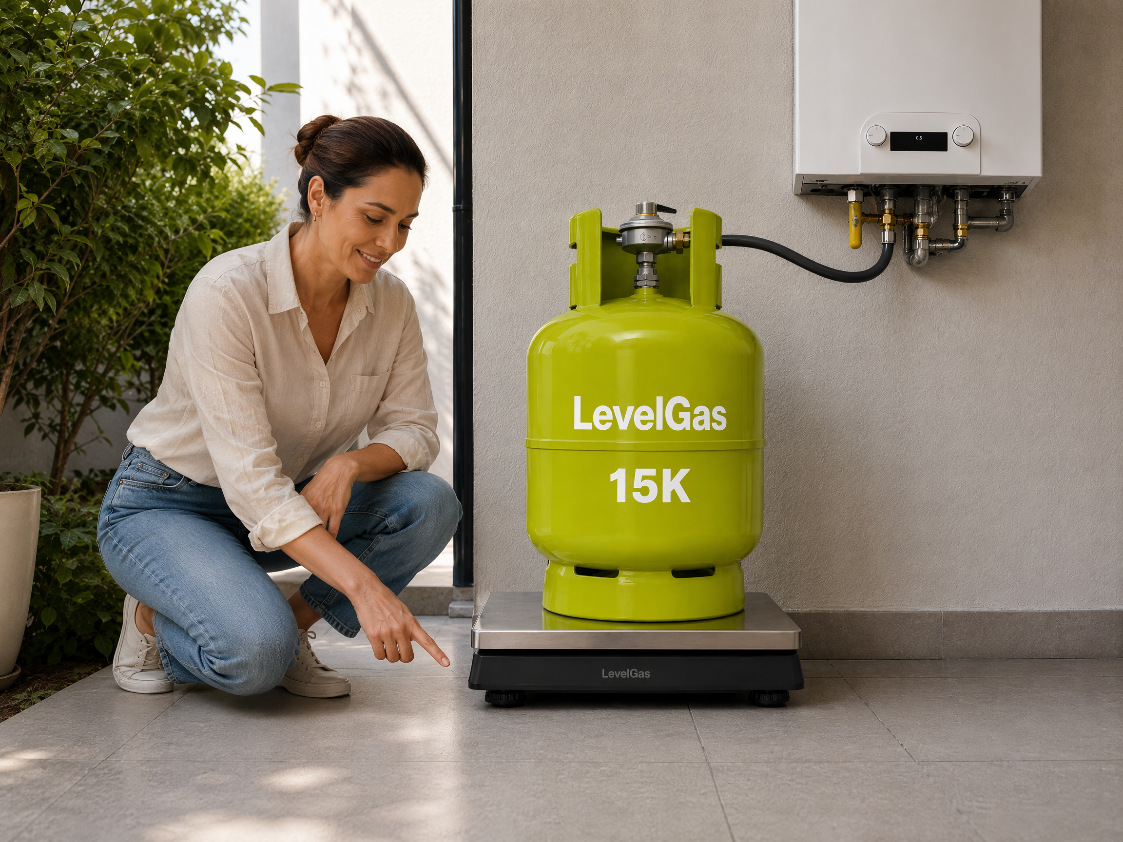 Mujer mostrando una báscula LevelGas instalada en el piso, con un cilindro doméstico de 15 kilos centrado sobre la plataforma
