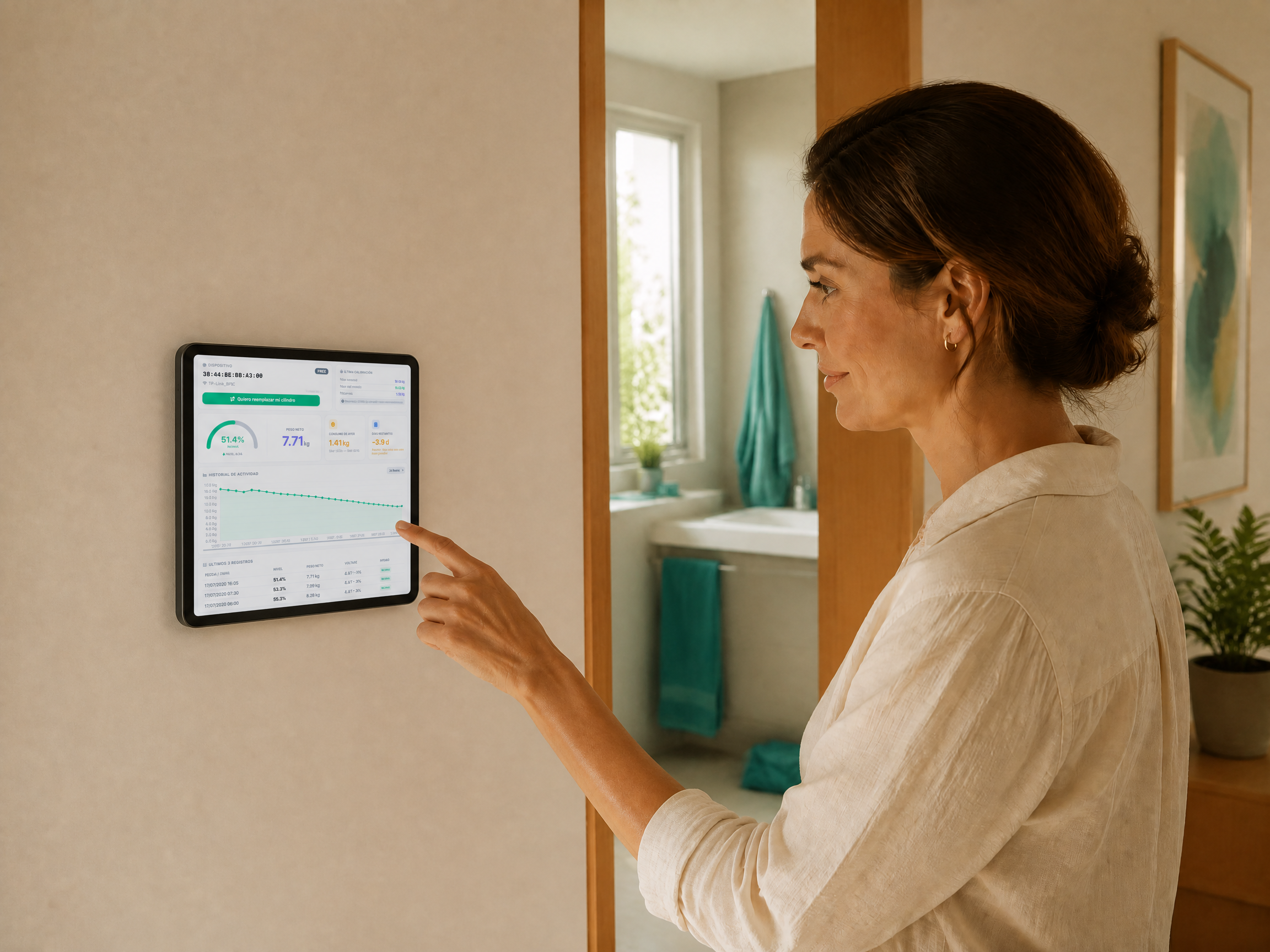 Mujer consultando el dashboard LevelGas en una tablet mural antes de entrar al baño